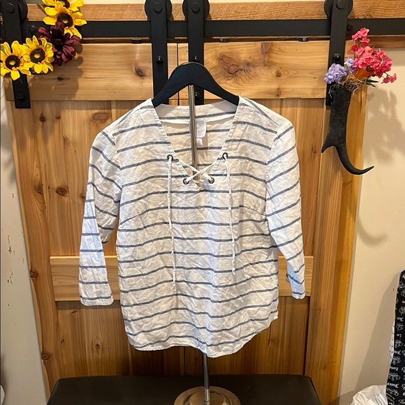 Sunday Tops - Sunday Women's Striped Blouse with Lace-Up Front in White and Blue